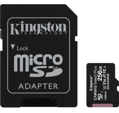 256GB MicroSDXC pamäťová karta KINGSTON Canvas SELECT Plus, Class 10, UHS-I U3 V30 + adaptér